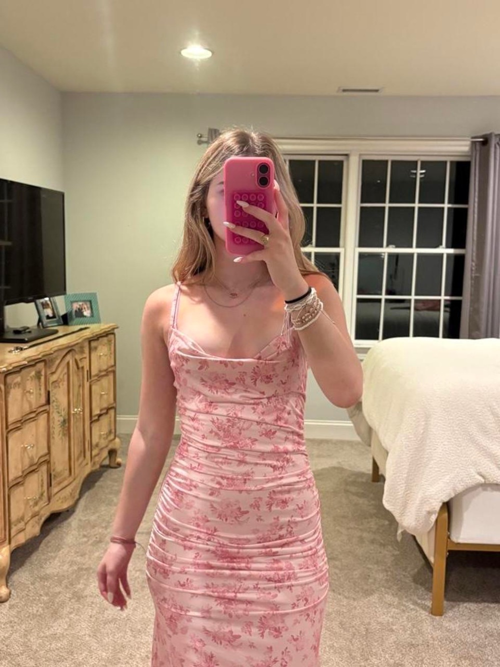 Women's Pink Floral Slip Dress - Elegant Spaghetti Strap